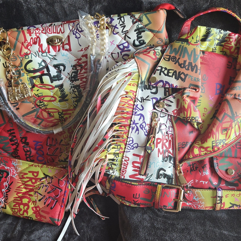 🎨3pc BUNDLE: Graffiti Art Inspired: Jacket Backpack, Large TOTE & Wallet🎉NWT